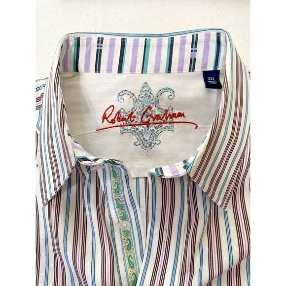 Robert Graham Men's Shirt 2XL Flip Cuff Striped Embroidered Turquoise - Picture 4 of 16